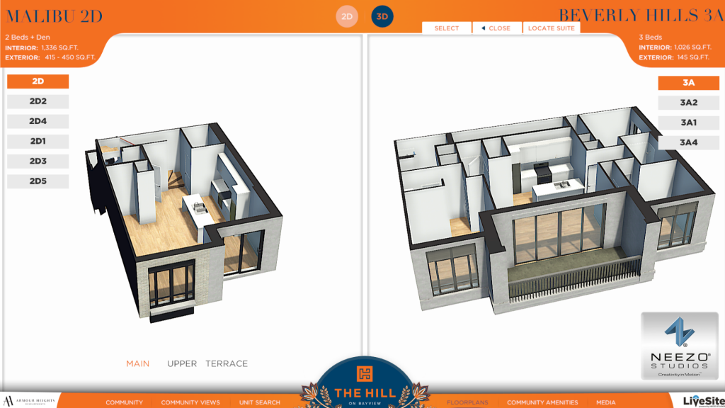Interactive floor plan software within LiveSite® Community by NEEZO Studios for The Hill on Bayview
