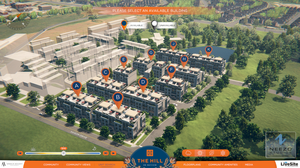 LiveSite® Community digital twin sales software by NEEZO Studios showcasing homes and amenities at The Hill on Bayview