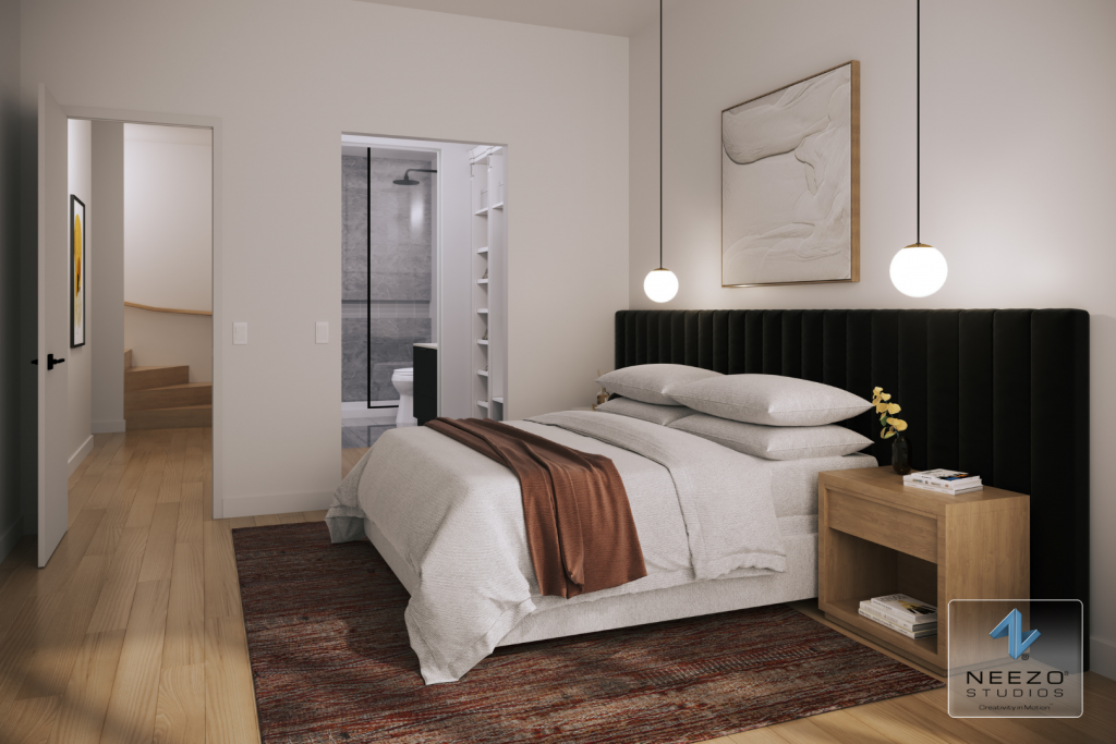 Luxury townhome bedroom interior rendering for The Hill on Bayview by worlds leading render studio NEEZO Studios