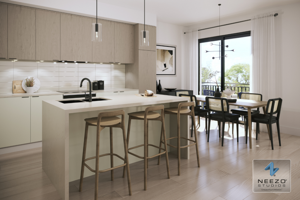 Contemporary kitchen rendering for The Hill on Bayview townhomes by New York render studio NEEZO Studios
