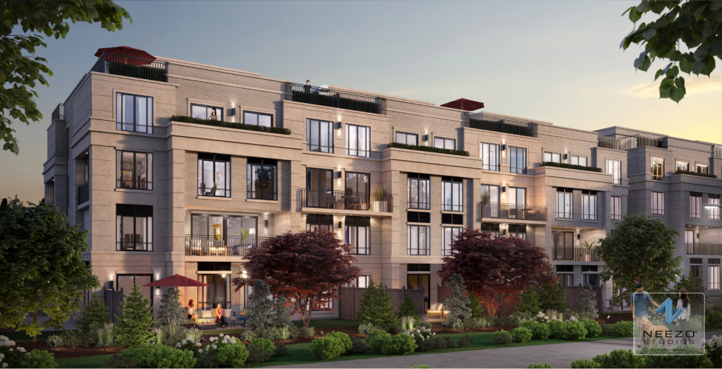 Architectural visualization showcasing contemporary townhome design by Miami render studio NEEZO Studios