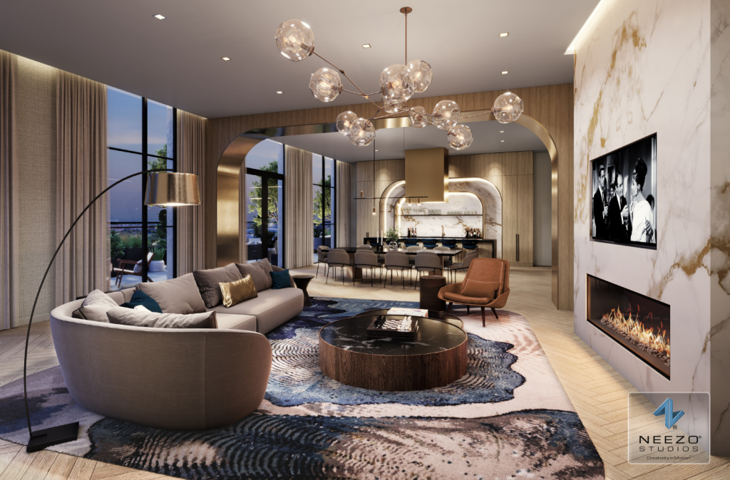Architectural photorealistic interior party room rendering of luxury real estate by render studio NEEZO Studios