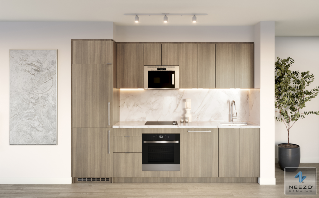 Luxury high-rise kitchen rendering created by NEEZO Studios for The Hill