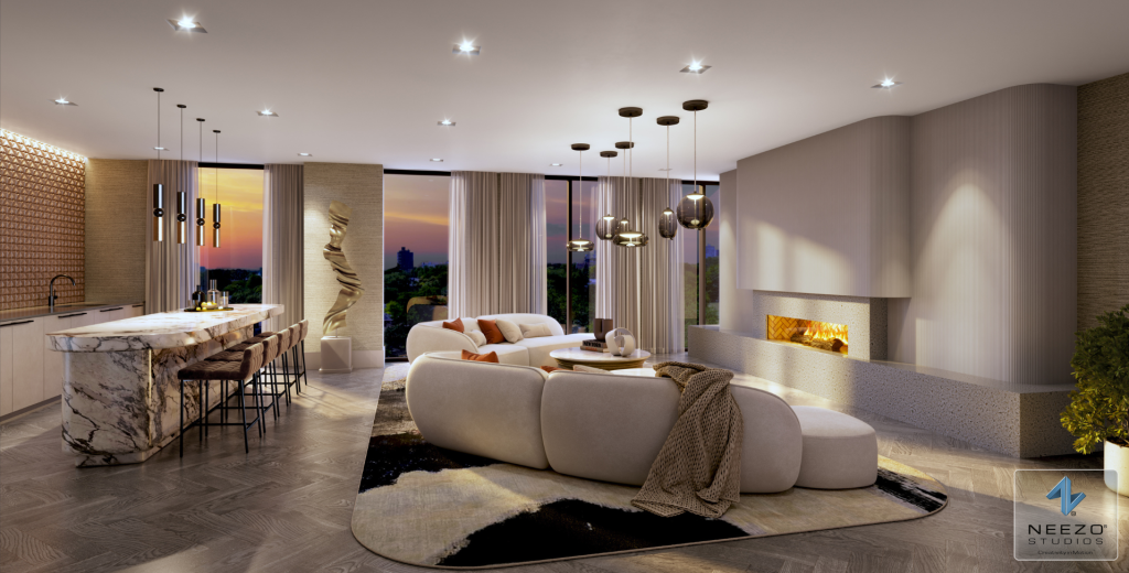 Luxury high-rise party room rendering created by NEEZO Studios for The Hill