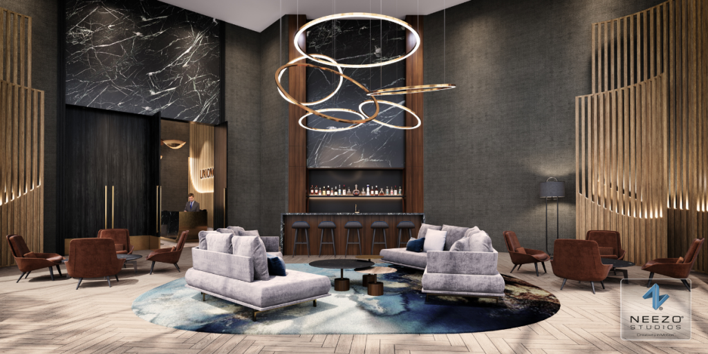 Architectural photorealistic interior rendering of luxury real estate condo by render studio NEEZO Studios