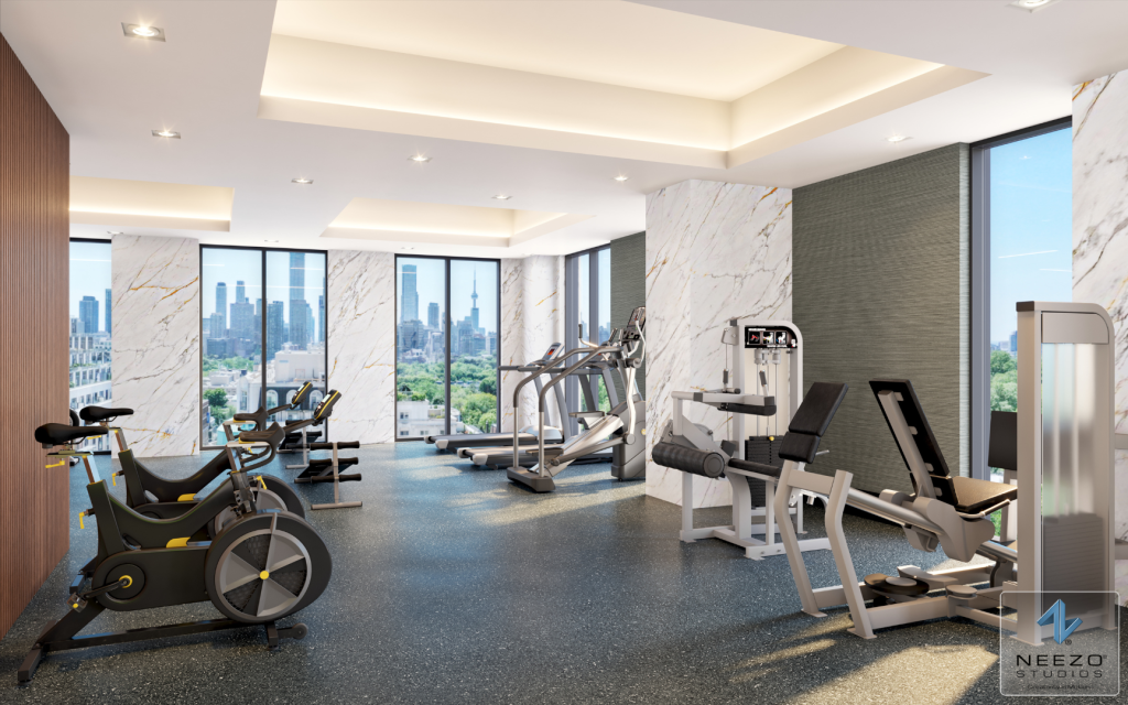 Luxury high-rise gym rendering created by NEEZO Studios for The Hill