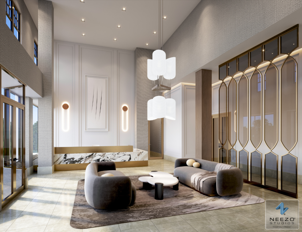 Luxury condominium rendering by NEEZO Studios highlighting The Hill's urban lobby