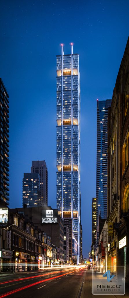 Photorealistic architectural exterior rendering for one bloor west downtown street created by NEEZO Studios