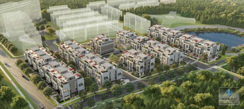 Exterior architectural rendering of The Hill on Bayview luxury townhome community in Richmond Hill by worlds leading render studio NEEZO Studios