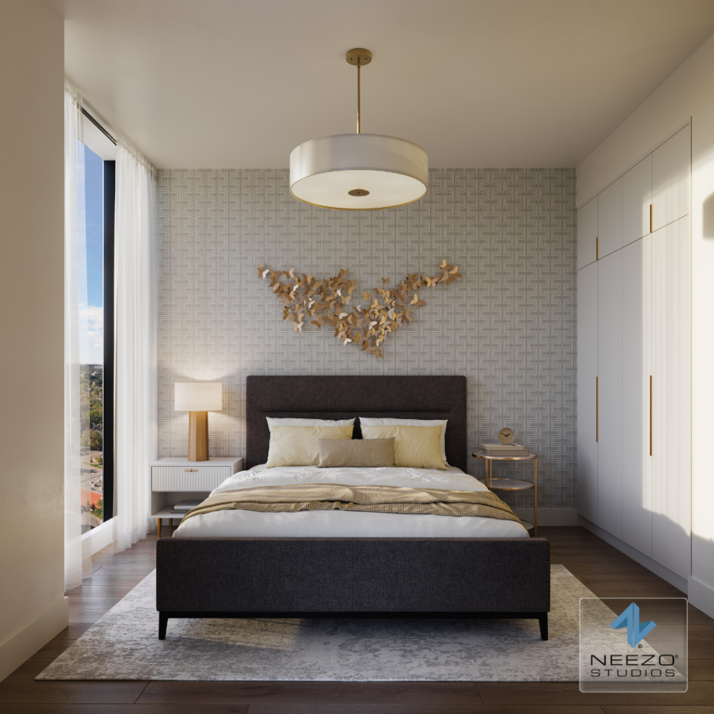 Interior architectural visualization showcasing bedroom at Paradigm Stoney Creek by leading real estate rendering firm NEEZO Studios