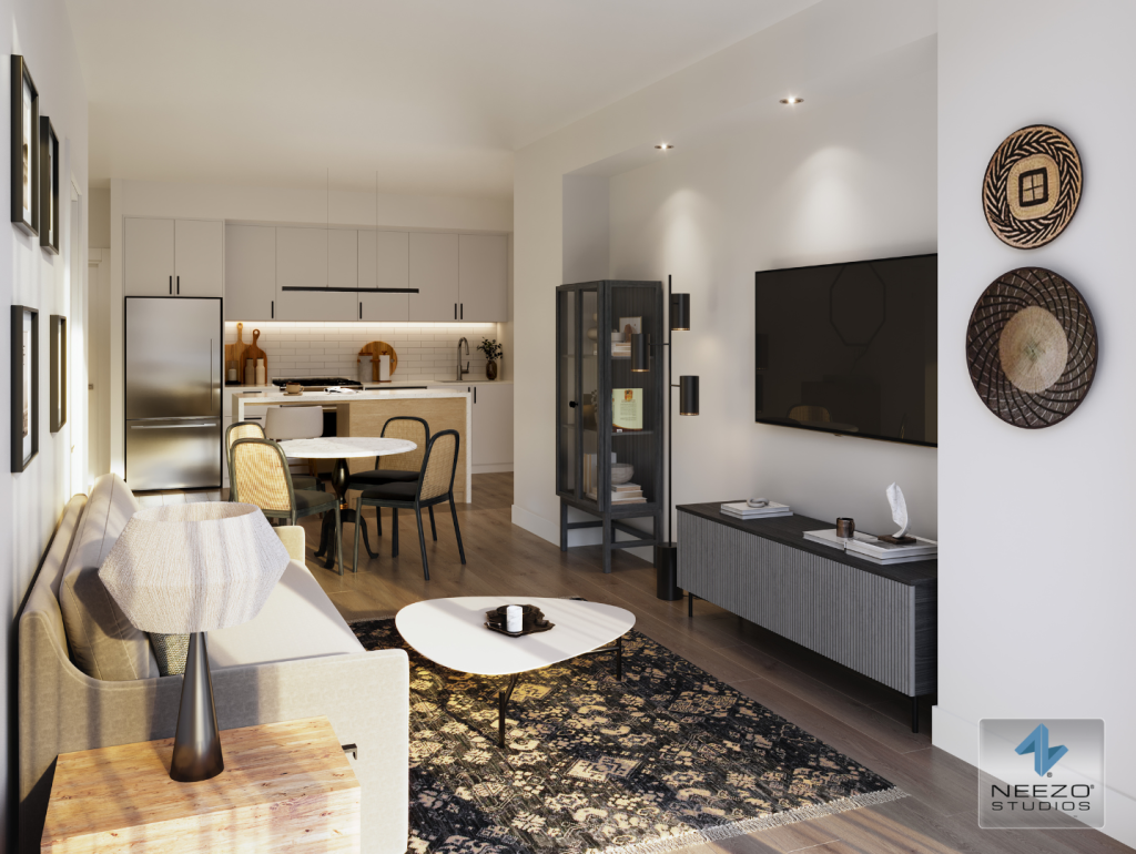 Interior architectural visualization showcasing premium finishes at Paradigm Stoney Creek by international render firm NEEZO Studios