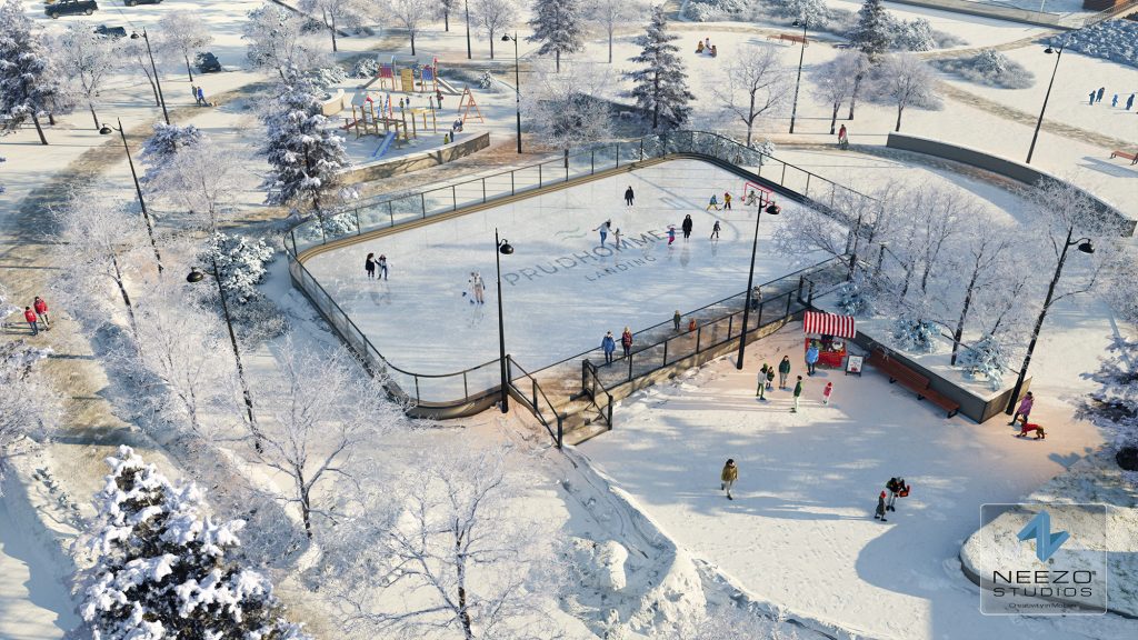 Birds eye view rendering winter outdoor skating rink of lake front development by creative agency NEEZO Studios