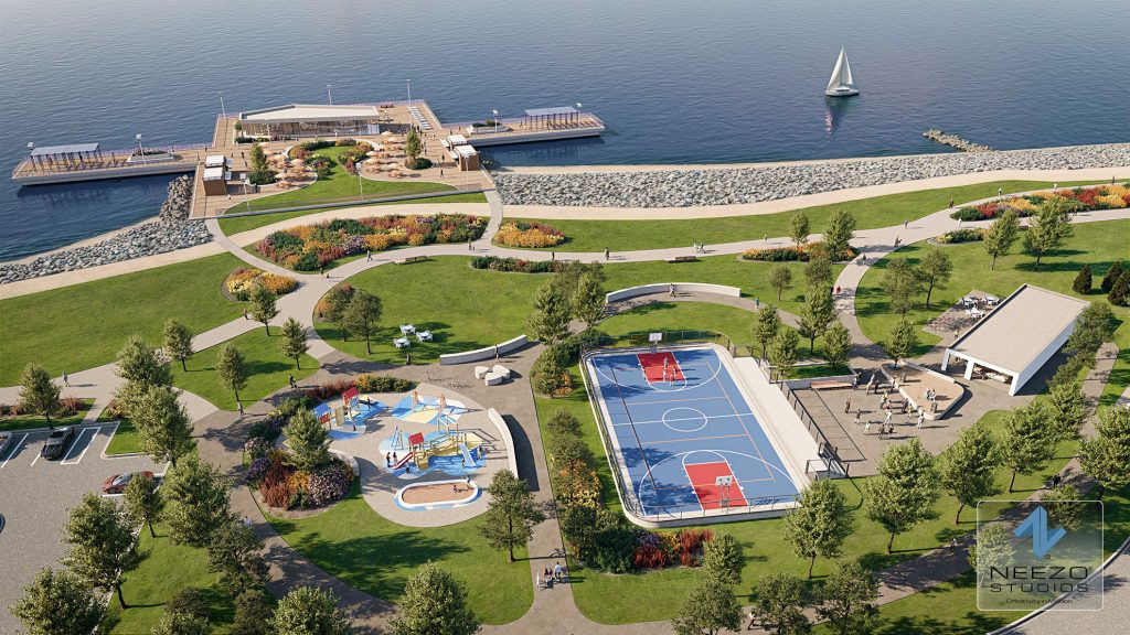 Birds eye view architectural rendering of master planned community by NEEZO Studios