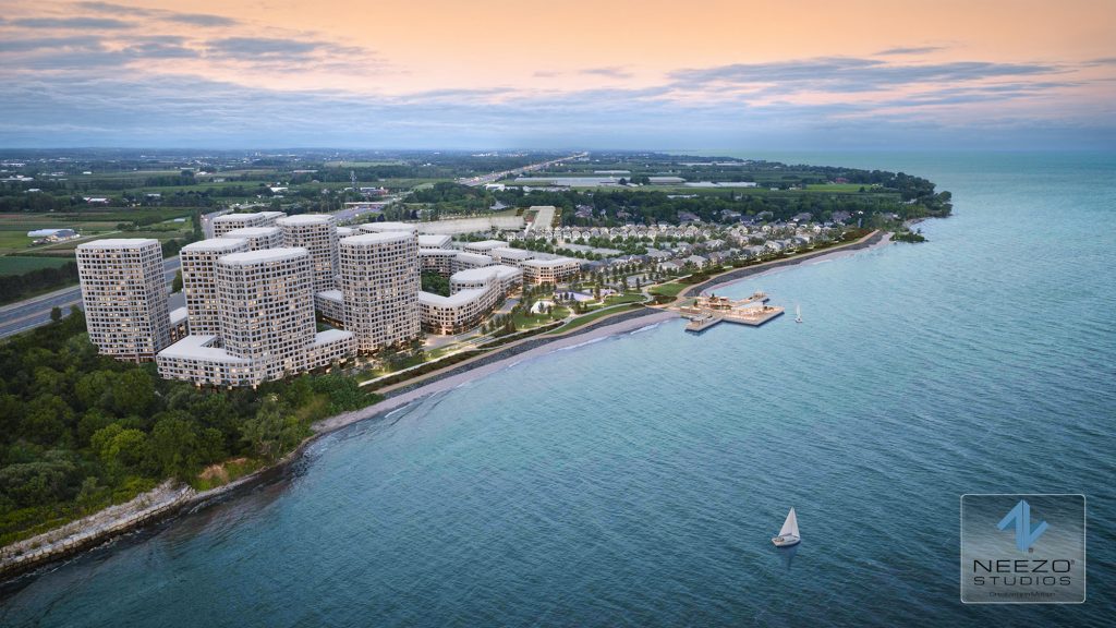 Birds eye view architectural rendering of master planned community by NEEZO Studios