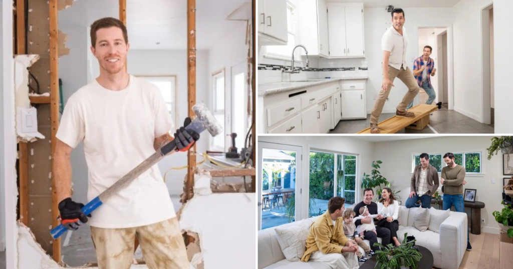 Drew and Jonathan Scott with Shaun White during Celebrity IOU renovation episode.