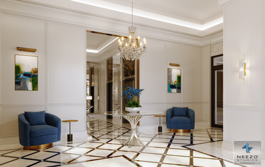 Interior rendering of luxury New York condo lobby by globally-renowned rendering studio NEEZO Studios