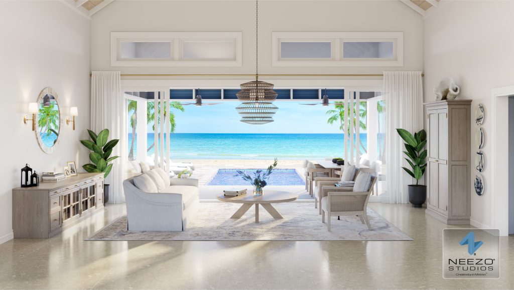 Bahamas luxury home living room oceanfront rendering by award-winning rendering studio NEEZO Studios