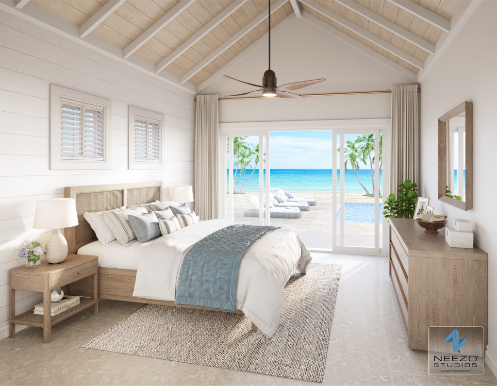 Bahamas luxury home bedroom rendering by award-winning rendering studio NEEZO Studios