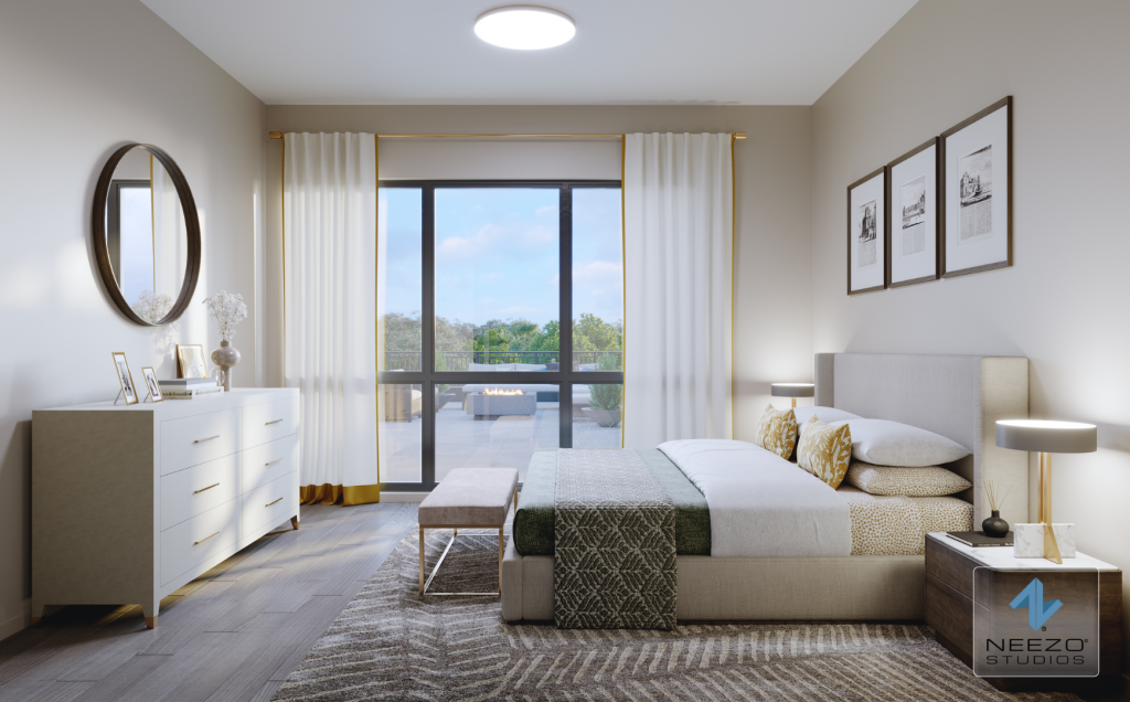 Interior rendering of luxury New York condo bedroom by globally-renowned rendering studio NEEZO Studios