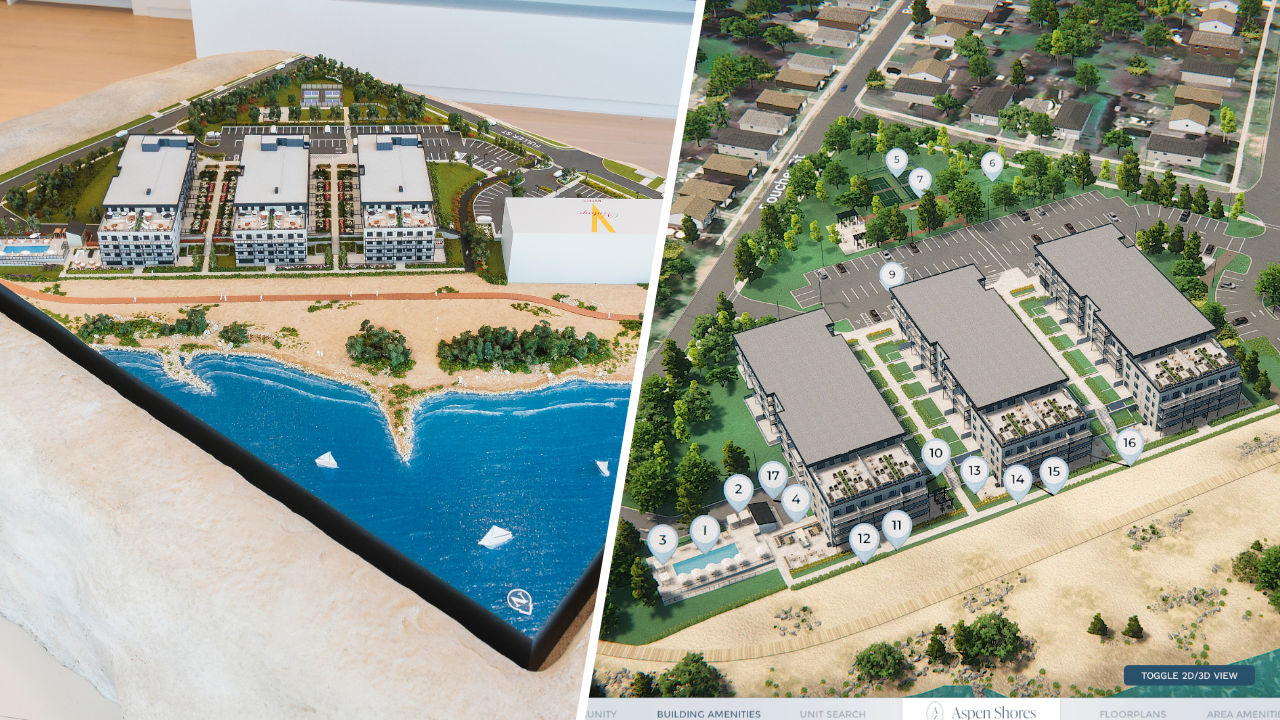 architectural luxury waterfront scale model by North America's best scale model maker NEEZO Studios and 3d real estate LiveSite® software