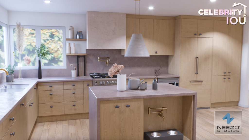 NEEZO Studios 3D animation of Courteney Cox’s Celebrity IOU home renovation showing redesigned kitchen and living space