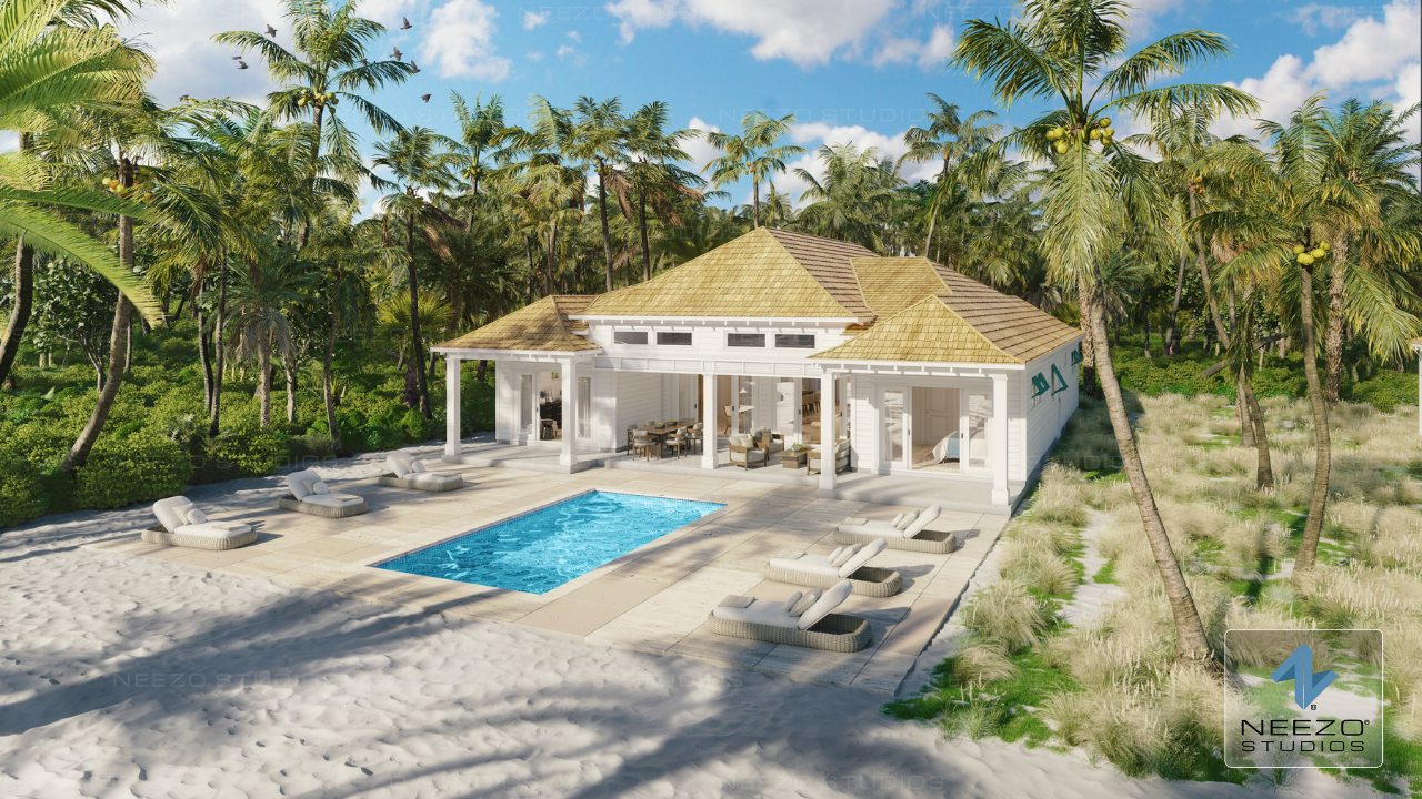 3d rendering of tropical home in the bahamas by creative rendering studio NEEZO Studios