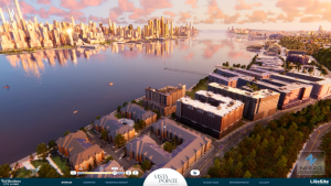 Digital 3D visualization of a luxury waterfront development in LiveSite® presentation center software.