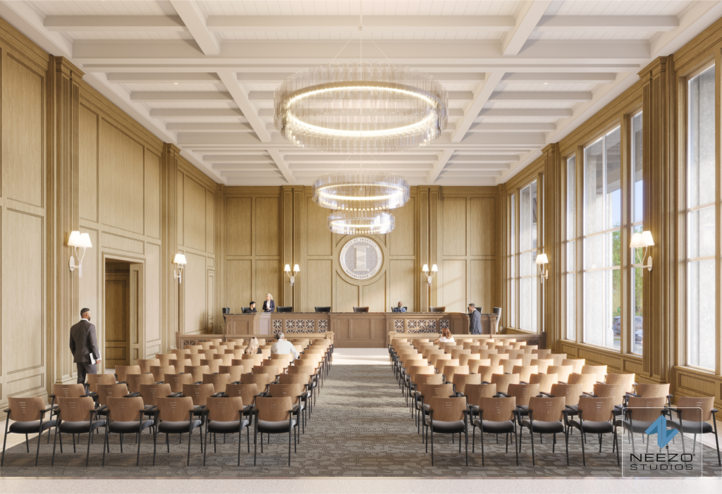 Interior Court Room rendering by NEEZO Studios of new Irondale Municipal Complex in Alabama