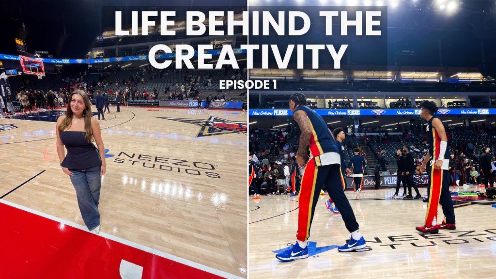 NEEZO Studios logo on court at New Orleans Pelicans vs Houston Rockets Preseason Game in Birmingham Alabama