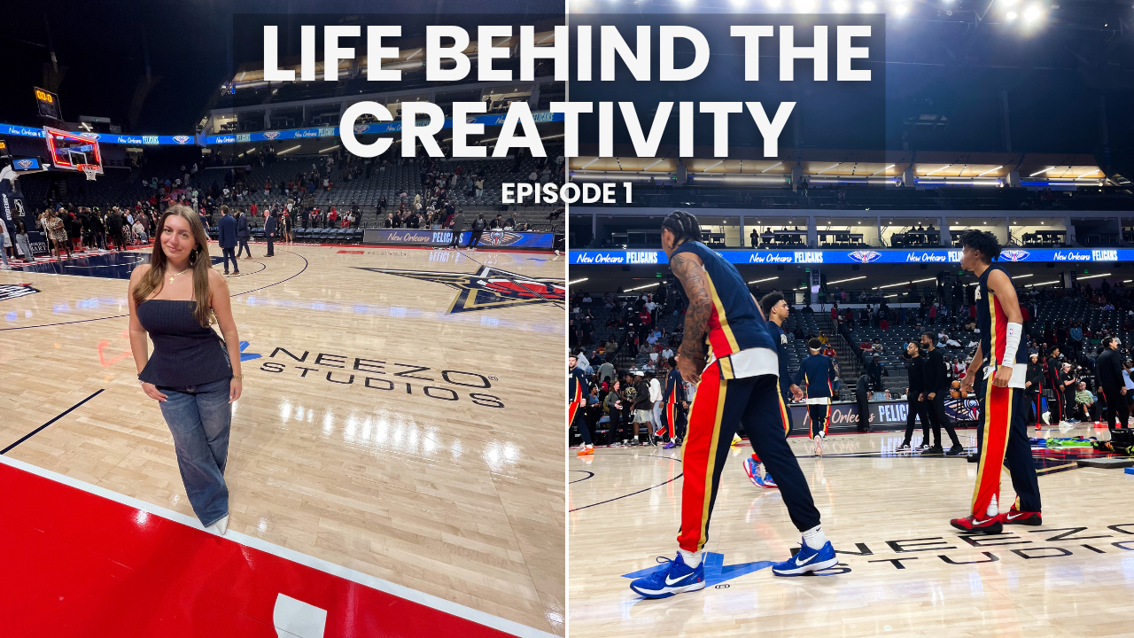 NEEZO Studios logo on court at New Orleans Pelicans vs Houston Rockets Preseason Game in Birmingham Alabama
