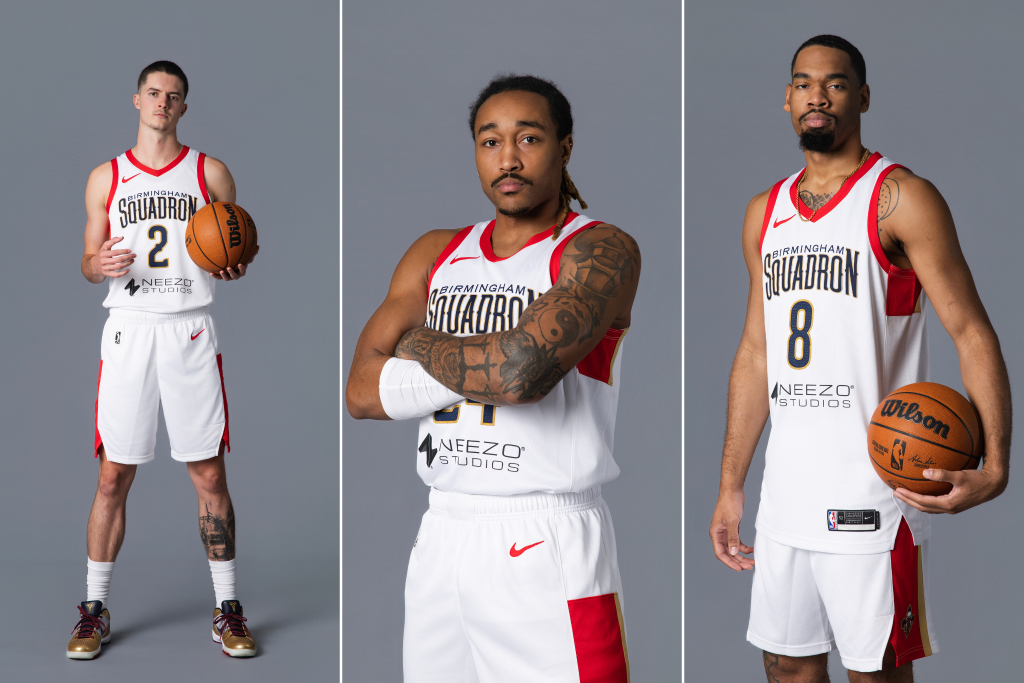 Birmingham Squadron Media Day featuring NEEZO Studios logo on away jersey