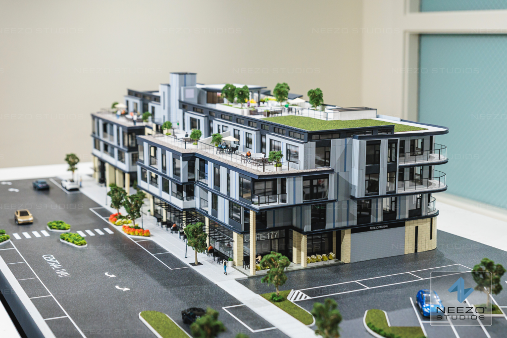 Architectural real estate scale model of luxury Mid Rise in Seattle Washington crafted by NEEZO Studios