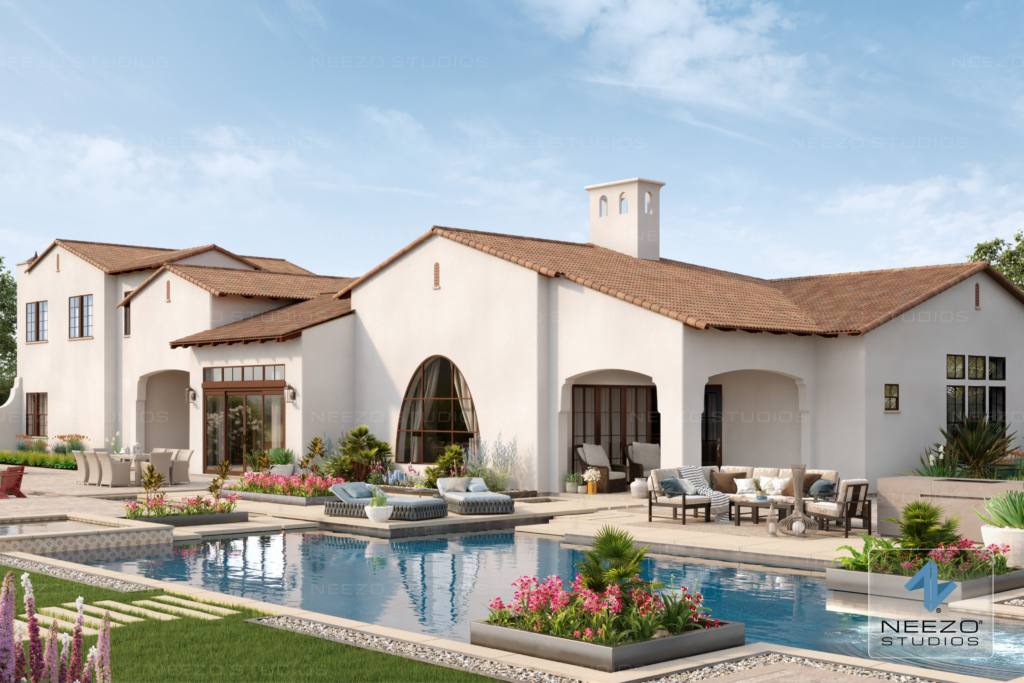 Architectural exterior rendering for luxury villa community in california created by NEEZO Studios