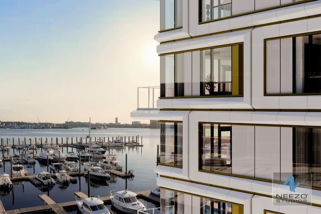 Architectural exterior rendering for luxury boston condo development created by NEEZO Studios