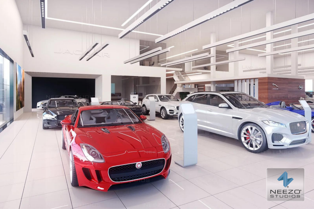 Photorealistic interior rendering for Jaguar car dealership created by NEEZO Studios