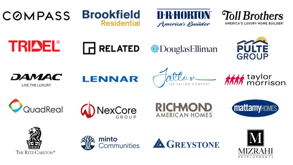 NEEZO Studios real estate and development clients including brookfield residential, douglas elliman, compass, dr horton, toll brothers, related, tridel, pulte group, ritz carlton, lennar, and minto communities
