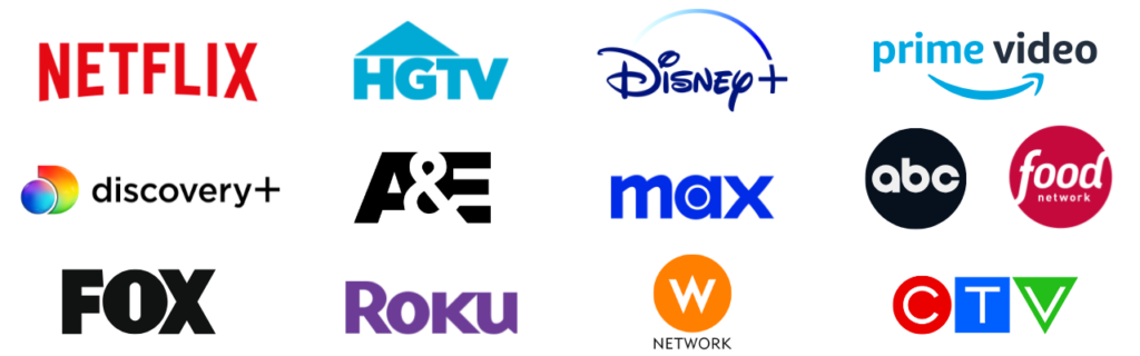 NEEZO Studios media and entertainment clients including netflix, hgtv, disney+, prime video, roku, discovery+. abc, hbo max, and food network