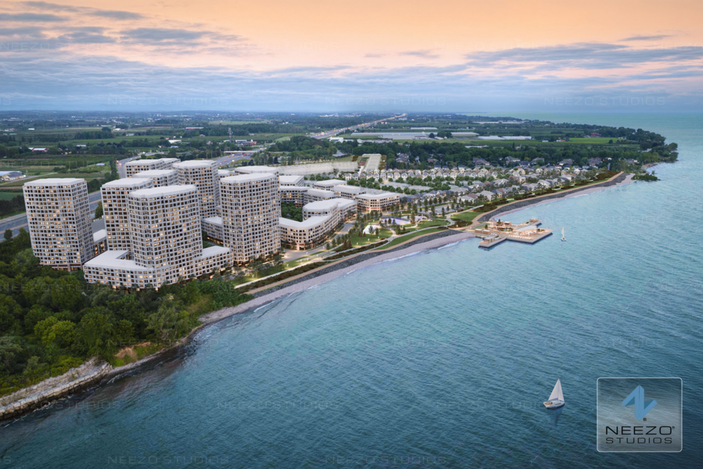 Birds eye view architectural rendering of master planned community by NEEZO Studios