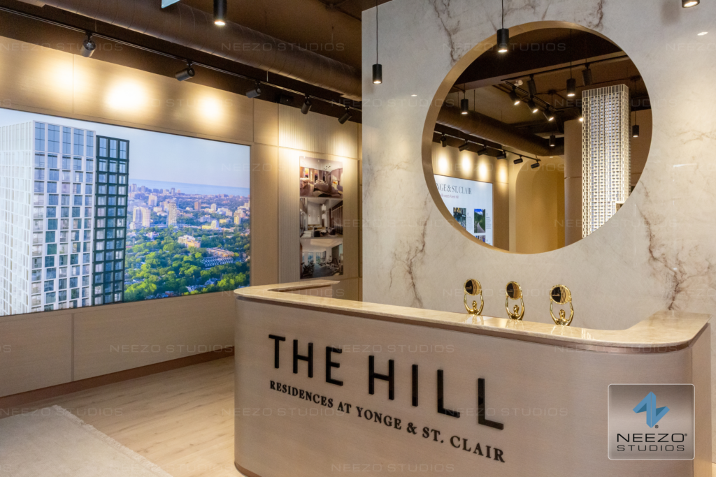 Architectural scale model and photorealistic rendering by NEEZO Studios displayed in The Hill presentation center in Toronto