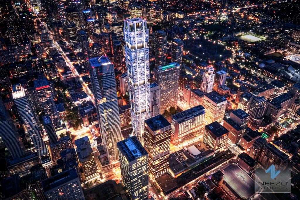 Dramatic photorealistic birds eye view rendering of The One One Bloor West created by NEEZO Studios