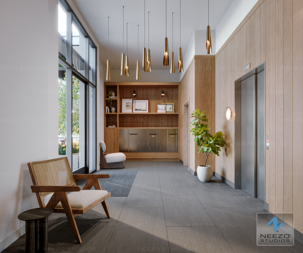 Interior lobby real estate rendering by rendering studio NEEZO Studios