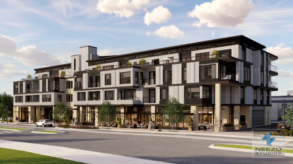 Exterior real estate rendering by NEEZO Studios for Kirkland Washington development, central peak residences