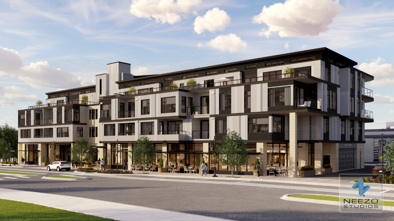 Exterior real estate rendering by NEEZO Studios for Kirkland Washington development, central peak residences
