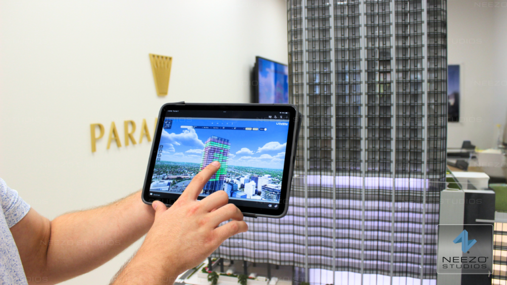 LiveSite® Interactive real-time 3d real estate sales software LiveSite® being used on a tablet in a luxury condo sales gallery