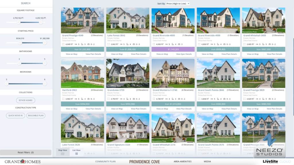 LiveSite® real estate digital twin software showing home and lot selection features
