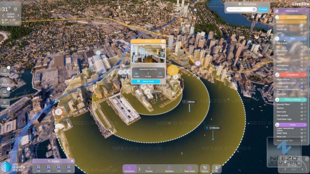 LiveSite® Interactive real estate platform displaying surrounding amenities and neighborhood context in a digital twin environment