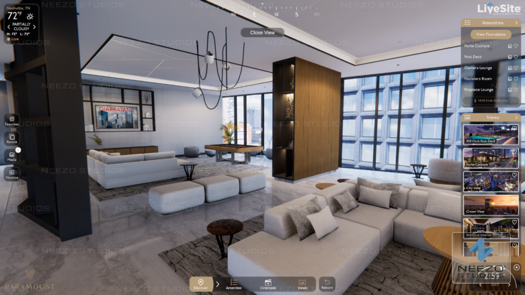 LiveSite® Real estate digital twin software visualizing a high-rise residential development in 3D with walkthrough feature