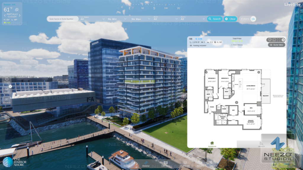 LiveSite® 3D real estate software interface with interactive building view and floorplan selection