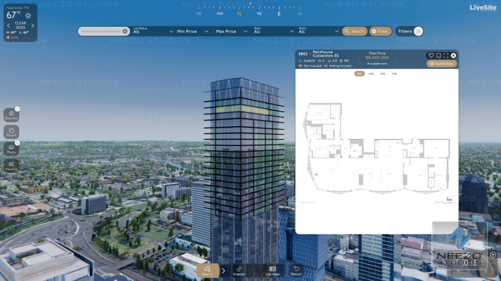 NEEZO Studios LiveSite® 3D preconstruction and rental sales gallery software digital twin floor plan unit search feature