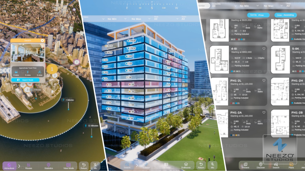 LiveSite® 3D real estate software interface with interactive building view and floorplan selection